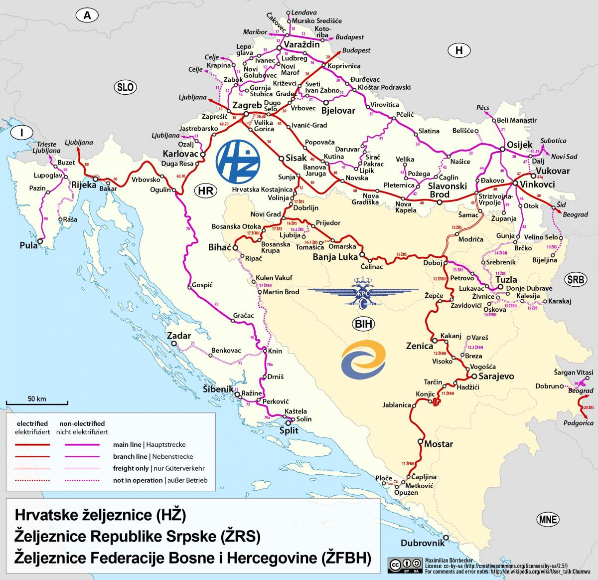 Treinlijnenkaart Kroatië