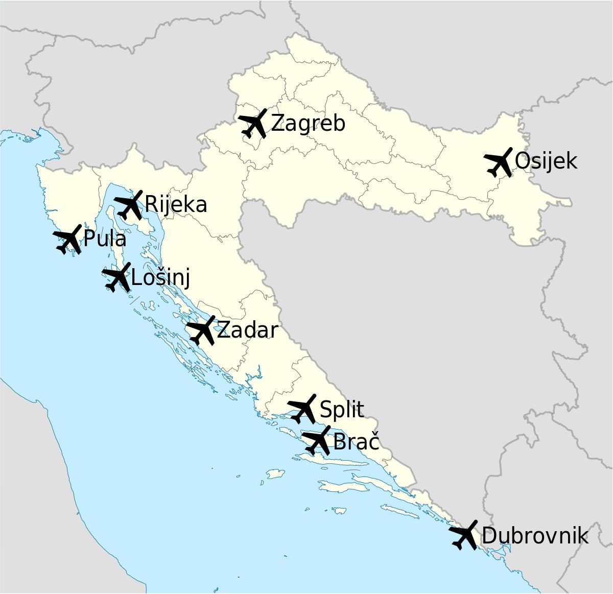 Kaart van de Kroatische luchthavens