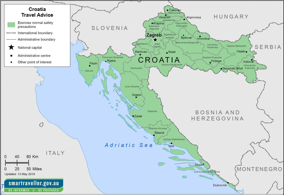 Kaart van Kroatië met de belangrijkste steden